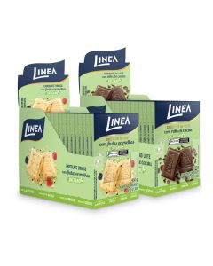Kit 2 Displays de Chocolate Vegano Linea Sabor Branco com Frutas Vermelhas e Chocolate ao Leite com Nibs de Cacau 15 unidades de 30g