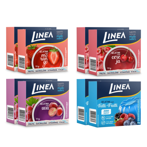 Kit 8 Gelatinas Linea Sabor Morango, Cereja, Uva e Tutti-Frutti 10g