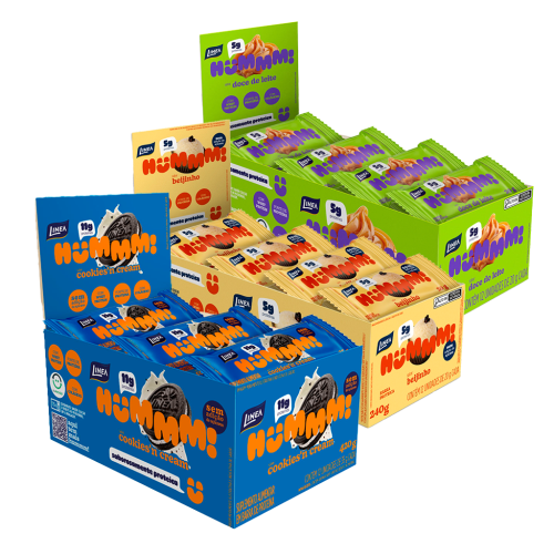 Kit 3 Displays Hummm! Snack Proteico Sabor Cookies'n Cream, Doce de Leite e Beijinho - Caixa com 12 unidades