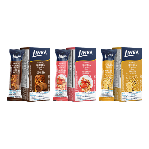 Kit 3 Cx de Barra de Cereal 3 Grãos Integrais Linea Sabor Banana e Aveia, Morango com Iogurte e Trufa de Chocolate 3 und