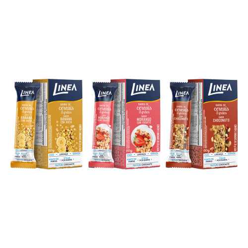 Kit 3 Caixas de Barra de Cereal 3 Grãos Integrais Linea Sabor Choconuts, Banana com Aveia e Morango com Iogurte - 3 und