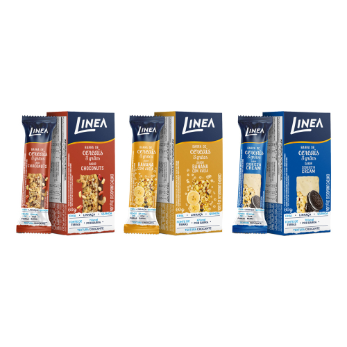 Kit 3 Caixas de Barra de Cereal 3 Grãos Integrais Linea Sabor Cookies’n Cream, Choconuts e Banana com Aveia - 3 und