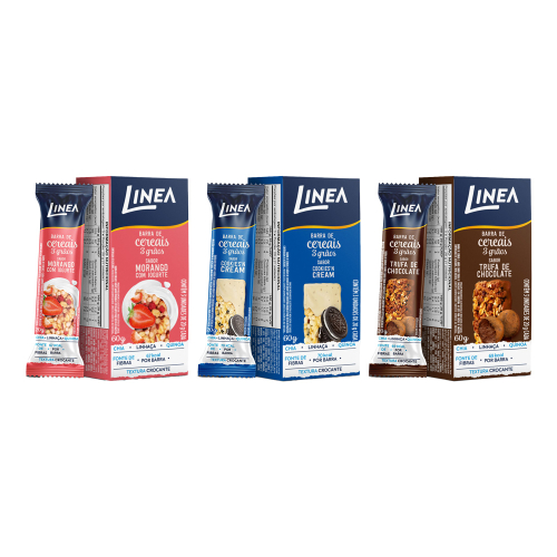 Kit 3 Cx de Barra de Cereal 3 Grãos Integrais Linea Sabor Morango com Iogurte, Trufa de Chocolate e Cookies’n Cream 3 un