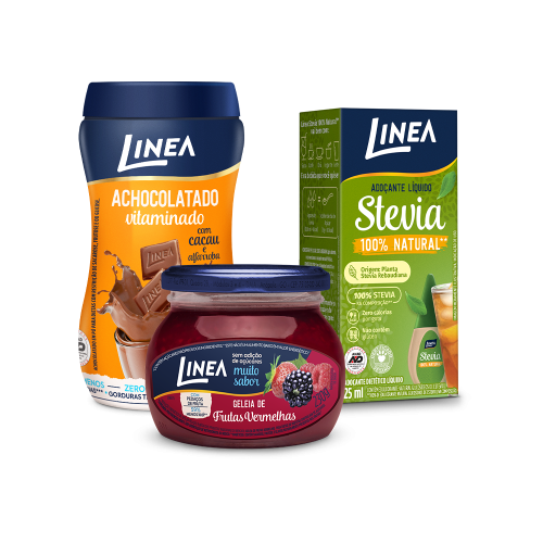 Kit Café Linea: Adoçante Stevia, Geleia de Frutas Vermelhas e Achocolatado
