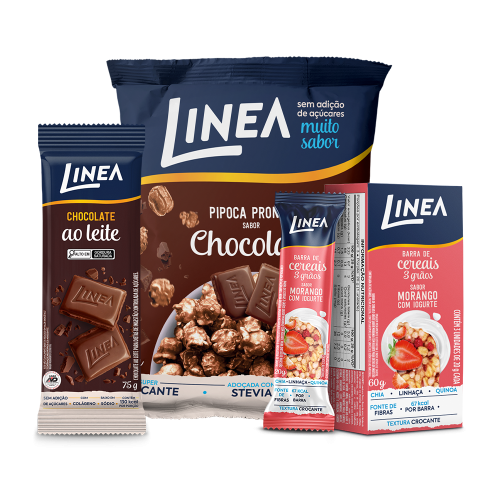 Kit Snacks Linea: Tablete Chocolate Ao Leite, Barra De Cereal 3 Grãos Morango Com Iogurte e Pipoca Sabor Chocolate