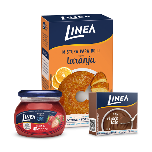 Kit Sobremesas Linea: Pudim Sabor Chocolate, Gelatina Sabor Morango e Mistura Para Bolo Sabor Laranja 
