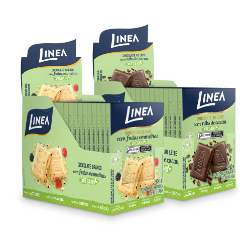 Kit 2 Displays de Chocolate Vegano Linea Sabor Branco com Frutas Vermelhas e Chocolate ao Leite com Nibs de Cacau 15 unidades de 30g